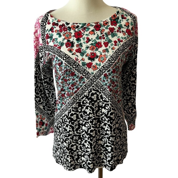 LEO & UGO SWEATER 1-S FLORAL MIXED MEDIA ARTSY CASUAL OFFICE SOFT STRETCHY - Picture 2 of 12